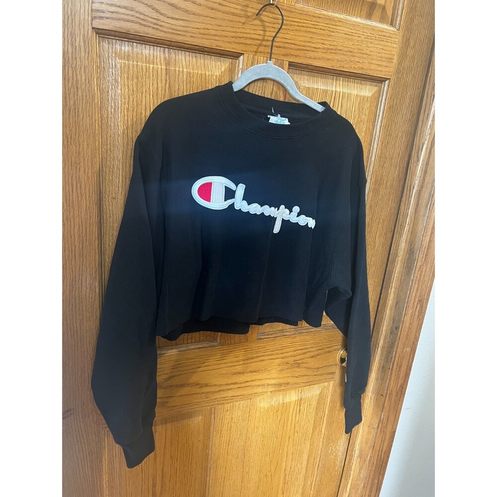 Champion Reverse Weave Women's Large Black Cropped Sweatshirt Big Logo Spellout